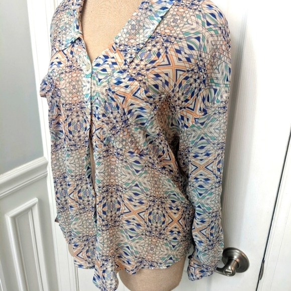 Free People Sheer Cream Geometric Button Down Top - Picture 2 of 10